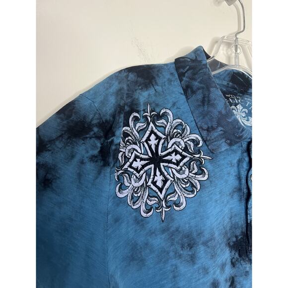 Affliction Mens Polo Shirt Large Blue Tie Dye Live Fast Short Sleeve Cross - Picture 3 of 10
